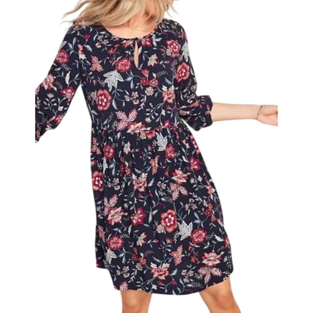 Old Navy Dress Womens Medium Blue Floral Rayon Boho Long Sleeve Mini Keyhole NEW